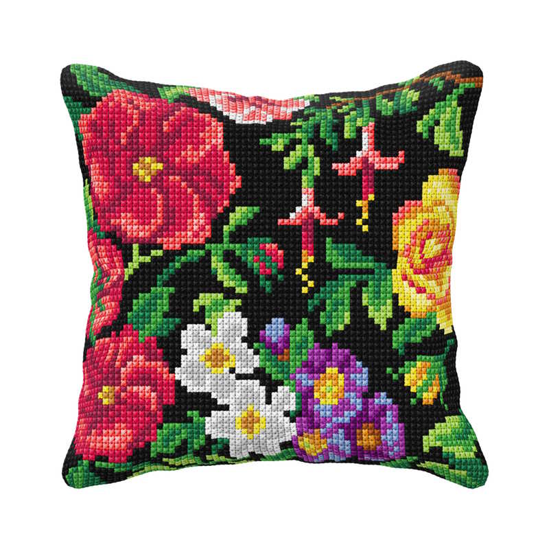 Flowers on Black Background Printed Cross Stitch Cushion Kit by Orchidea