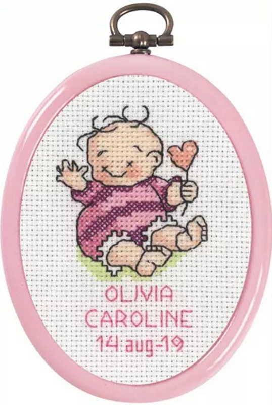 New Baby Mini Birth Sampler Cross Stitch Kit by Permin - pink