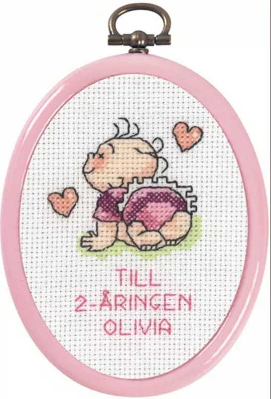 New Baby Mini Birth Sampler Cross Stitch Kit by Permin - pink