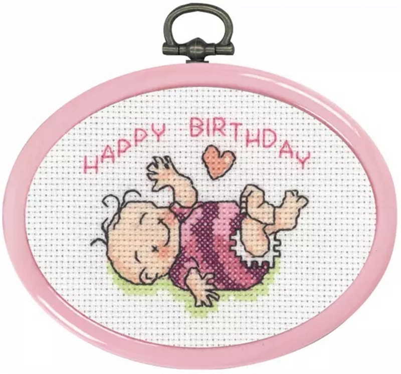 New Baby Mini Birth Sampler Cross Stitch Kit by Permin - pink