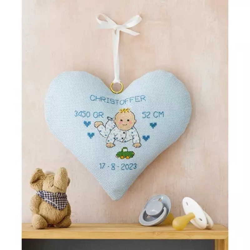 Baby Heart Birth Sampler Cross Stitch Kit by Permin - blue