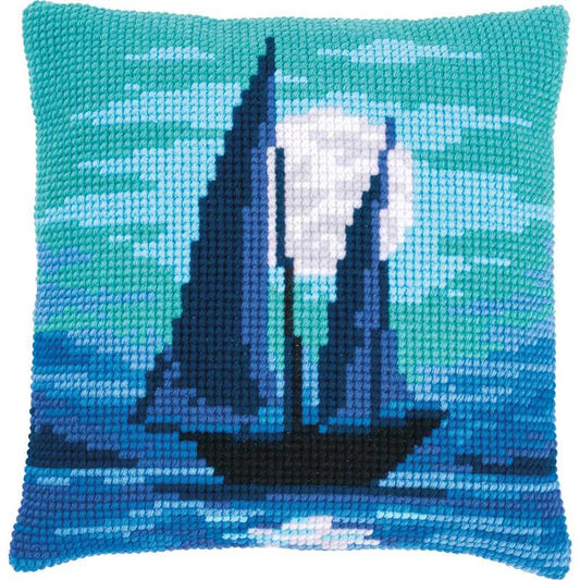 Sailboat in Moonlight Printed Cross Stitch Cushion Kit by Vervaco