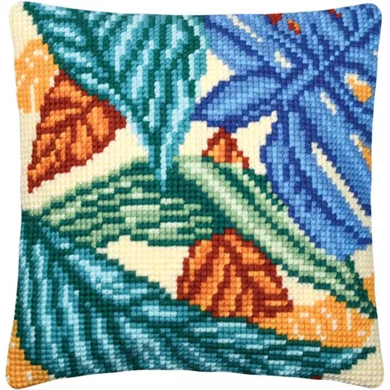 Jungle Leaves Printed Cross Stitch Cushion Kit by Vervaco