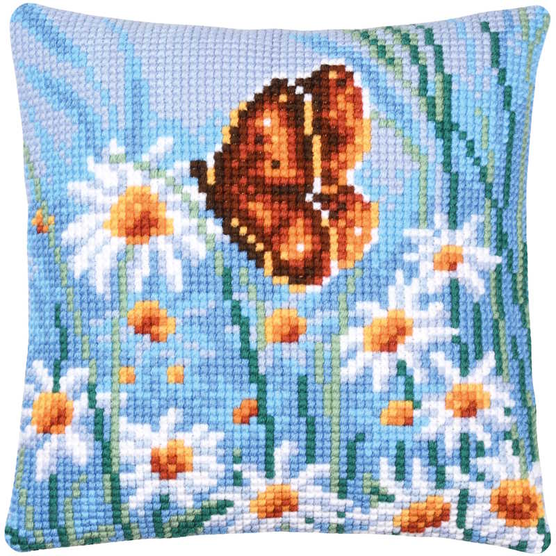 Butterfly and Flowers Printed Cross Stitch Cushion Kit by Vervaco - Blue