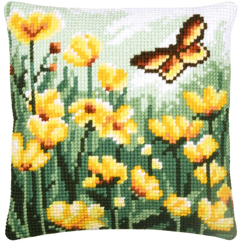 Butterfly and Flowers Printed Cross Stitch Cushion Kit by Vervaco - Green