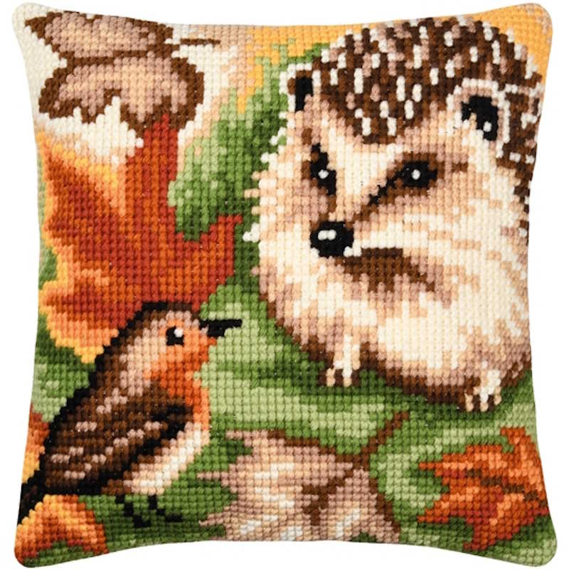 Hedgehog and Robin Printed Cross Stitch Cushion Kit by Vervaco