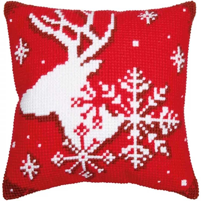 Deer and Snowflakes Printed Cross Stitch Cushion Kit by Vervaco