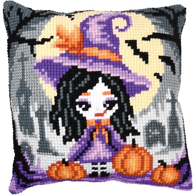 Halloween Witch Printed Cross Stitch Cushion Kit by Vervaco