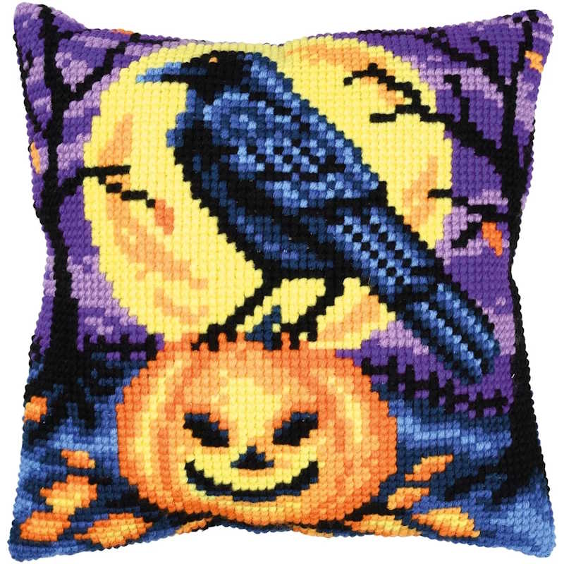 Halloween Crow Printed Cross Stitch Cushion Kit by Vervaco