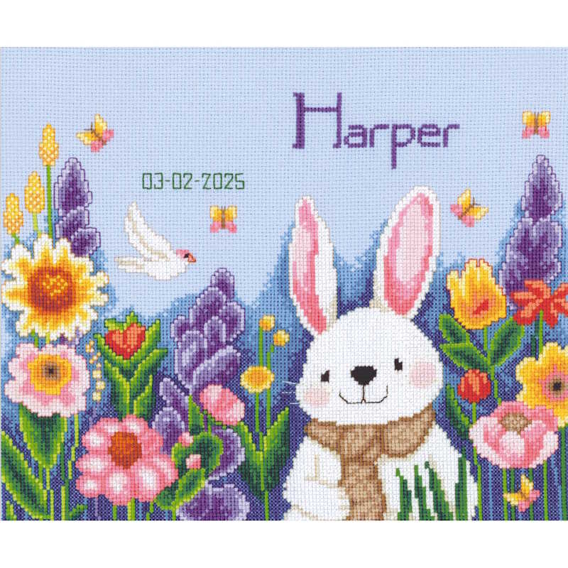Rabbit in Garden Birth Sampler Cross Stitch Kit By Vervaco