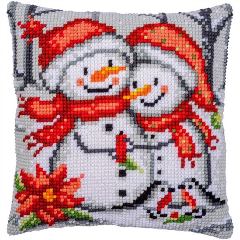 Snowmen Printed Cross Stitch Cushion Kit by Vervaco