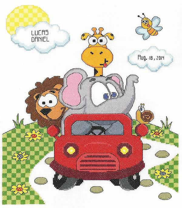 Animal Fun Ride Birth Sampler Cross Stitch Kit by Janlynn
