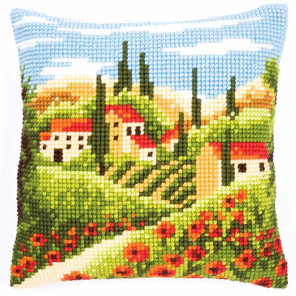 Village Printed Cross Stitch Cushion Kit by Vervaco