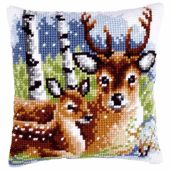 Deer Family Printed Cross Stitch Cushion Kit by Vervaco