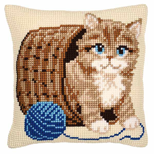 Kitten and Wool Printed Cross Stitch Cushion Kit by Vervaco