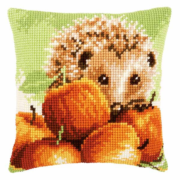 Hedgehog with Apples Printed Cross Stitch Cushion Kit by Vervaco