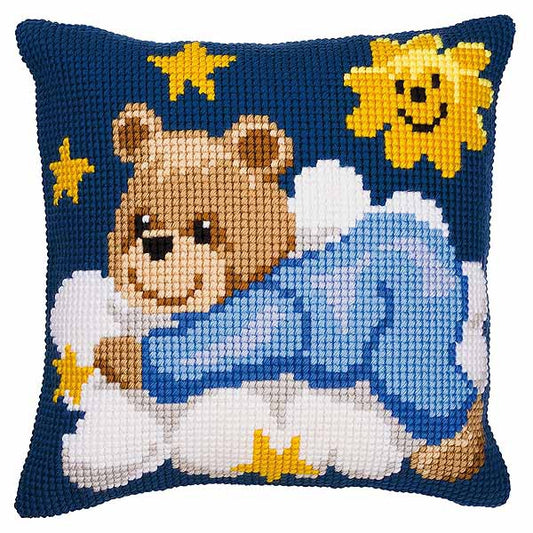 Blue Teddy Printed Cross Stitch Cushion Kit by Vervaco