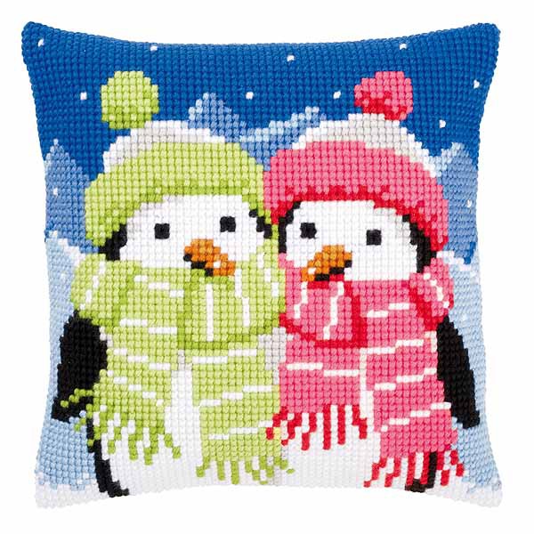 Penguins with Scarf Printed Cross Stitch Cushion Kit by Vervaco