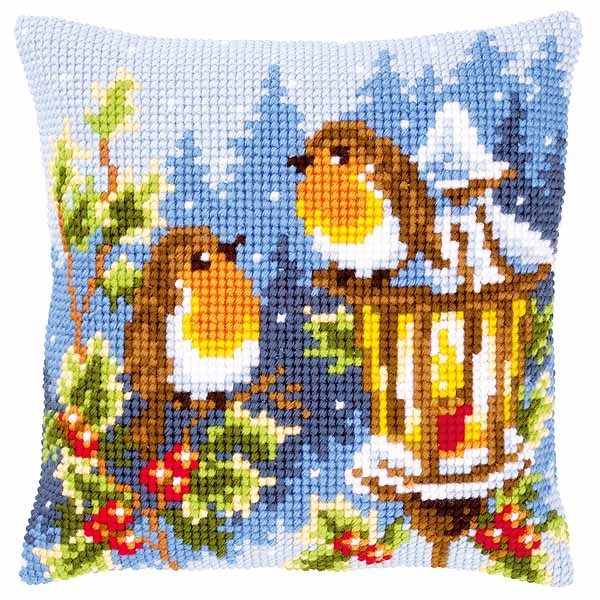 Robins at the Lantern Printed Cross Stitch Cushion Kit by Vervaco