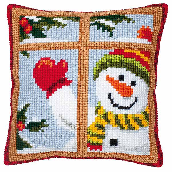 Waving Snowman Printed Cross Stitch Cushion Kit by Vervaco