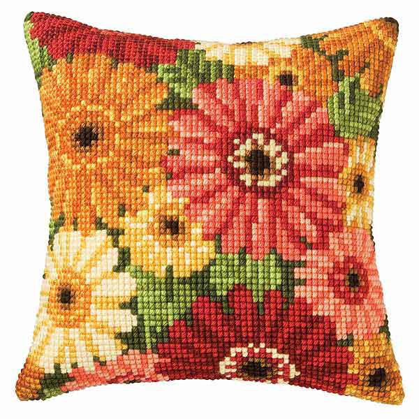 Gerbera Printed Cross Stitch Cushion Kit by Vervaco