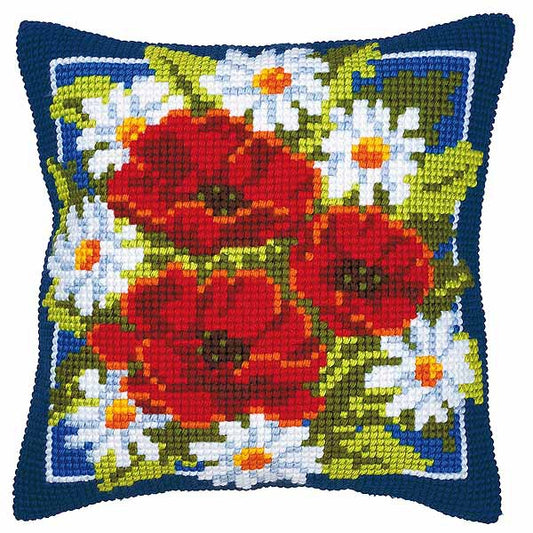 Daisies and Poppies Printed Cross Stitch Cushion Kit by Vervaco