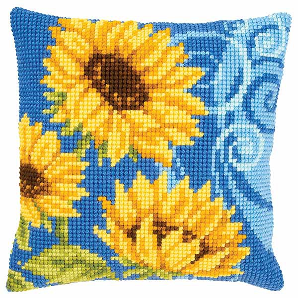 Blue Sunflowers Printed Cross Stitch Cushion Kit by Vervaco