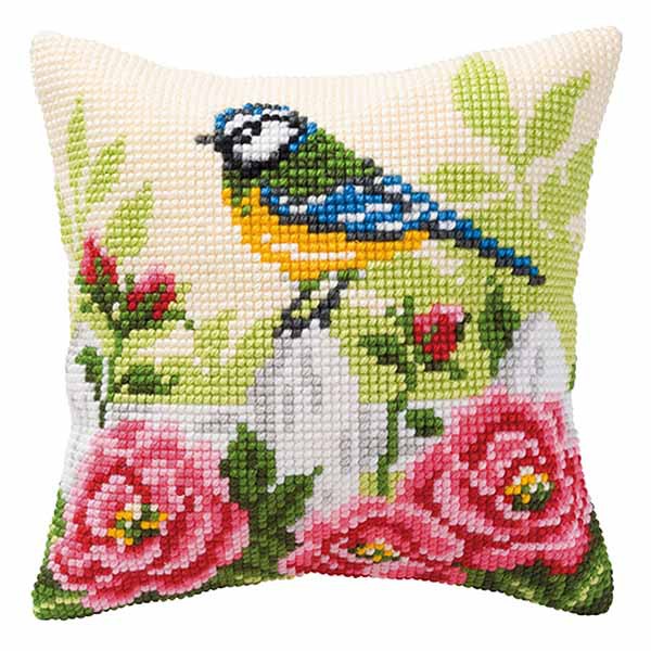 Blue Tit Printed Cross Stitch Cushion Kit by Vervaco