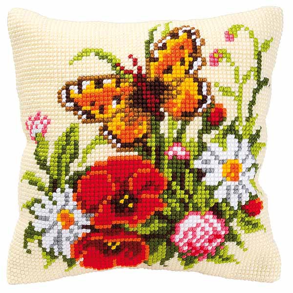 Butterfly and Flowers Printed Cross Stitch Cushion Kit by Vervaco