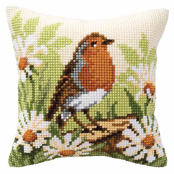 Robin Printed Cross Stitch Cushion Kit by Vervaco