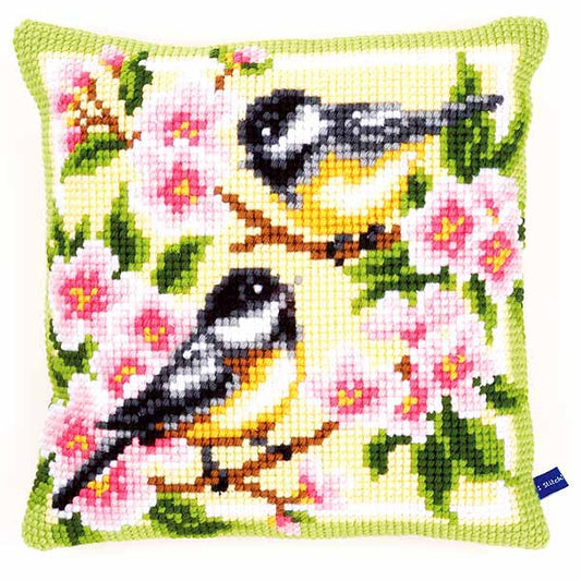 Birds and Blossoms Printed Cross Stitch Cushion Kit by Vervaco