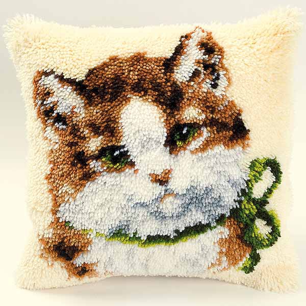 Kitten with Bow Latch Hook Cushion Kit By Vervaco