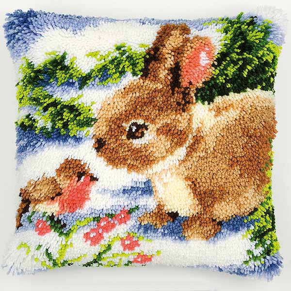 Rabbit and Robin Latch Hook Cushion Kit By Vervaco