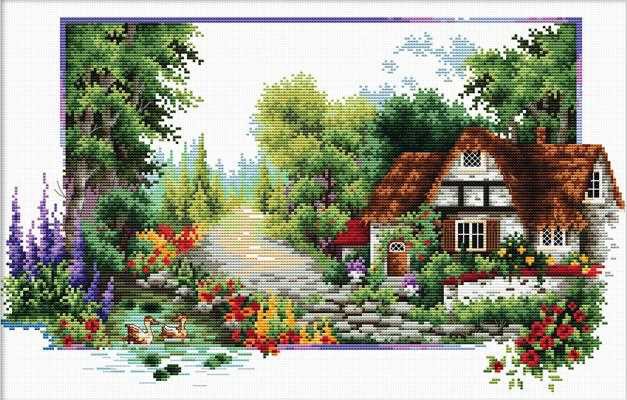 English Cottage Stream Printed Cross Stitch Kit by Needleart World