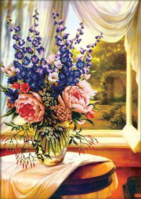 Floral Vase by the Window Printed Cross Stitch Kit by Needleart World