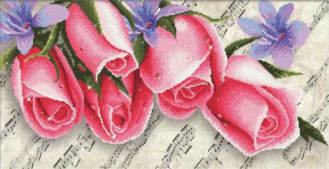 Pink Roses and Music Printed Cross Stitch Kit by Needleart World