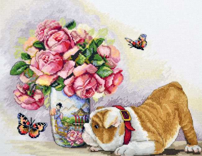 Bulldog and Butterflies Cross Stitch Kit by Merejka