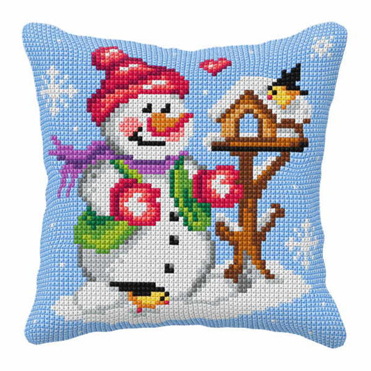 Snowman and Birdhouse Printed Cross Stitch Cushion Kit by Orchidea