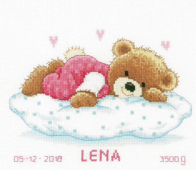 Snoozing Teddy Bear Birth Sampler Cross Stitch Kit By Vervaco
