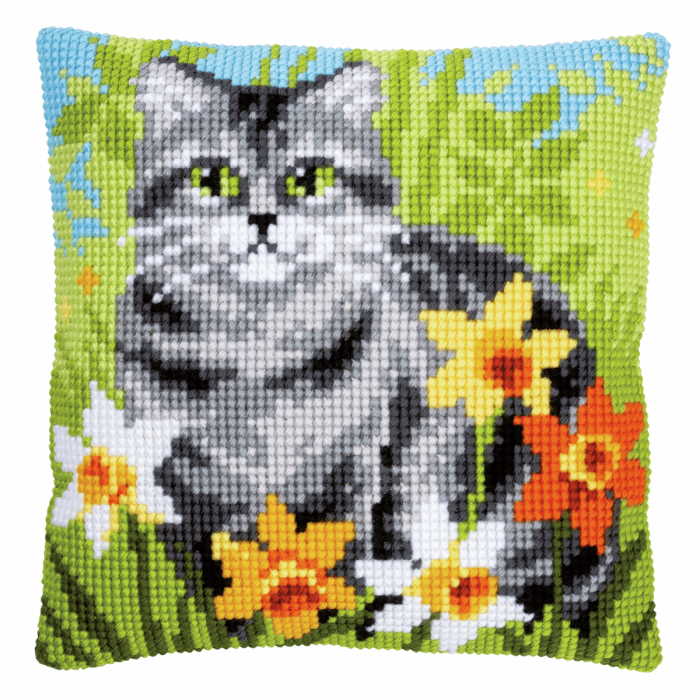 Cat Between Flowers Printed Cross Stitch Cushion Kit by Vervaco