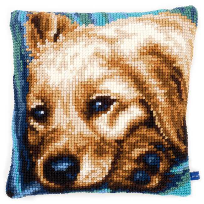 Dog Printed Cross Stitch Cushion Kit by Vervaco