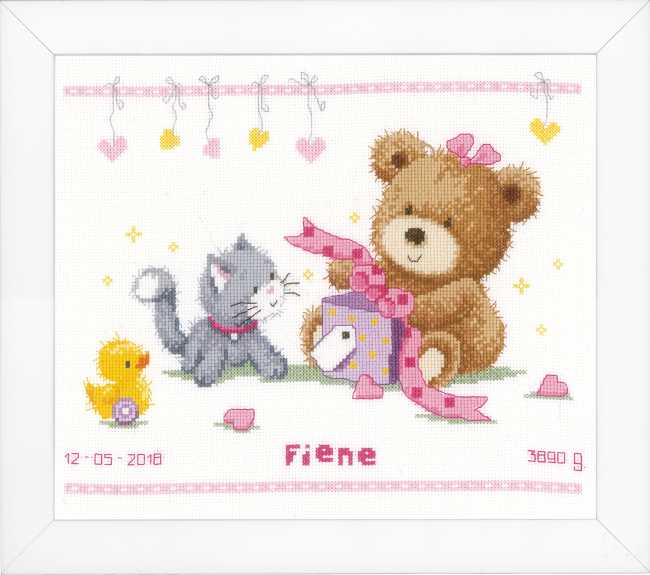 Bear and Present Birth Sampler Cross Stitch Kit By Vervaco