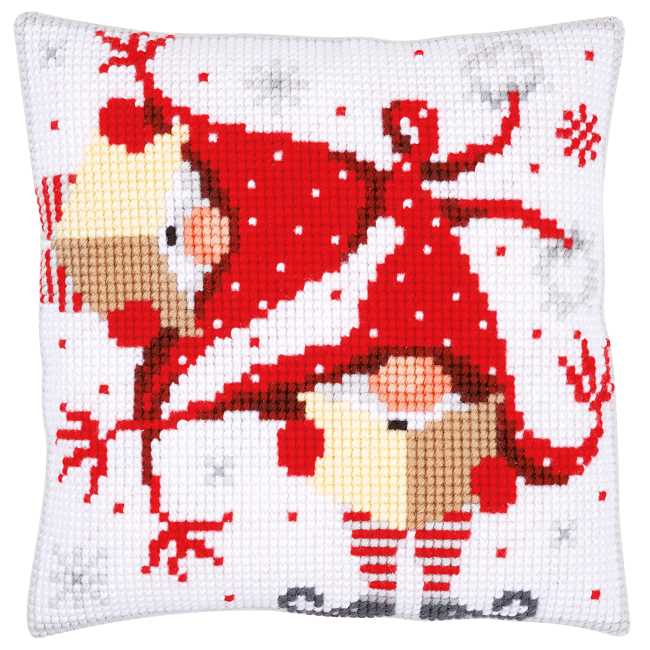 Christmas Gnomes Printed Cross Stitch Cushion Kit by Vervaco