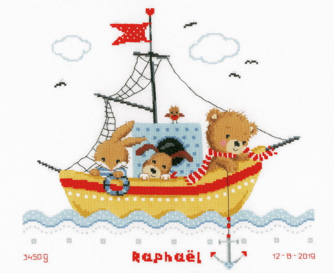 Sailing Boat Birth Sampler Cross Stitch Kit By Vervaco