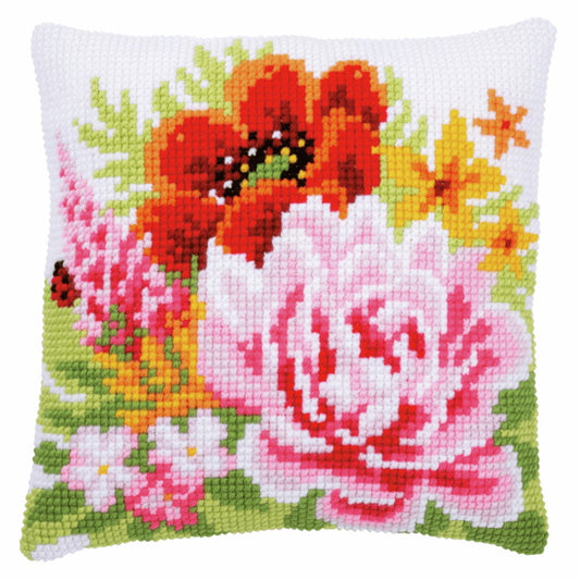 Colourful Flowers Printed Cross Stitch Cushion Kit by Vervaco