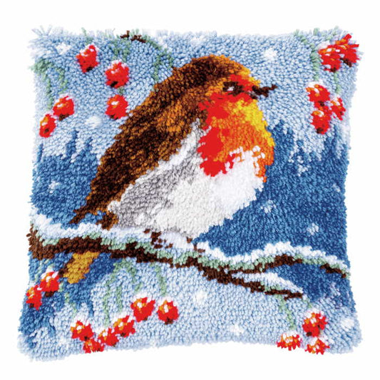 Red Robin in Winter Latch Hook Cushion Kit By Vervaco