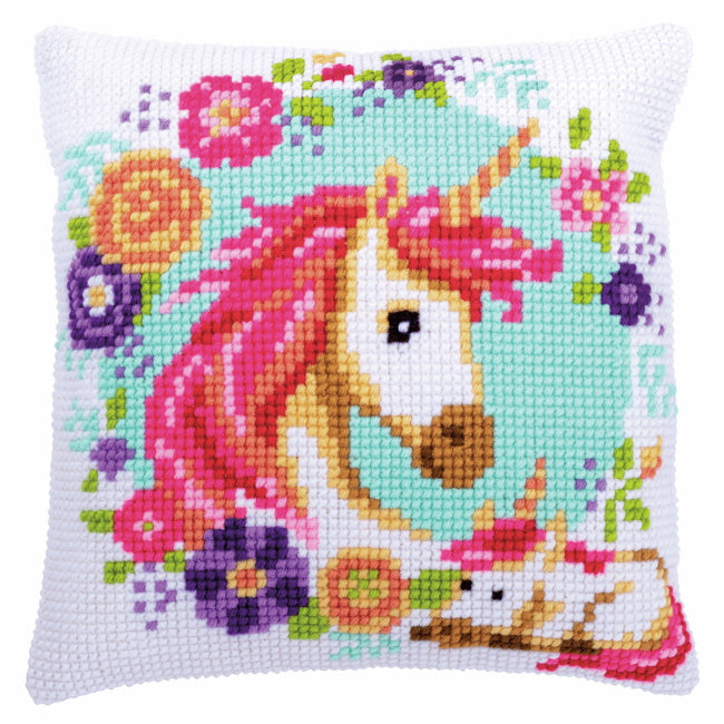 Mother and Baby Unicorn Printed Cross Stitch Cushion Kit by Vervaco