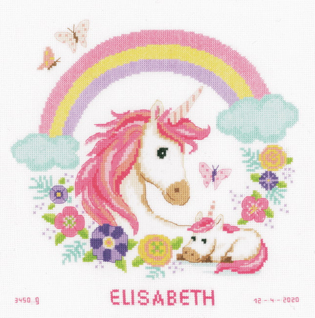 Mother and Baby Unicorn Birth Sampler Cross Stitch Kit By Vervaco