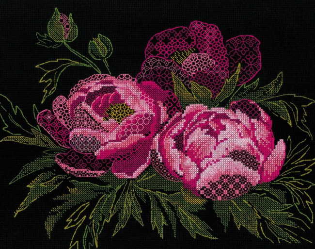 Lace Peonies Blackwork Kit By RIOLIS