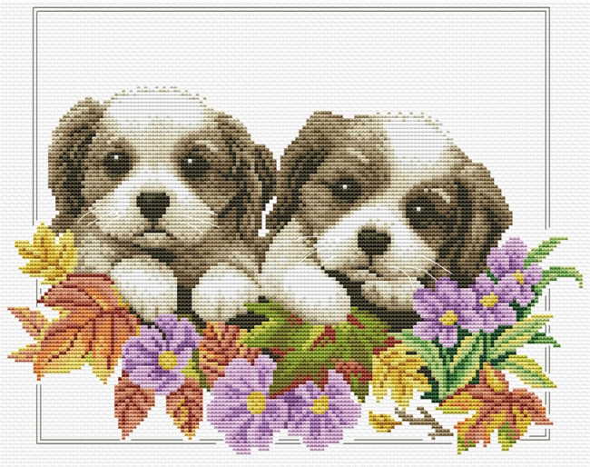 Peeking Pups Printed Cross Stitch Kit by Needleart World